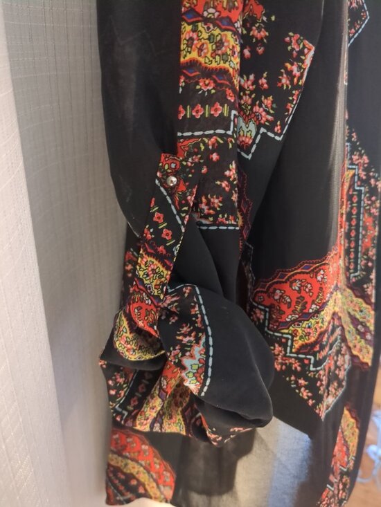 Sheer Black Partial Button Blouse / Tunic with colors of red / yellow /cream / - Picture 14 of 16